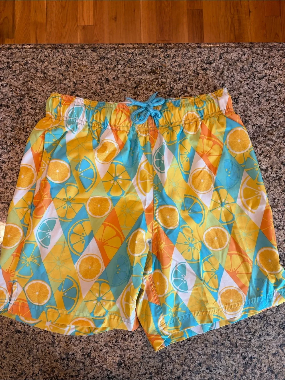 Men’s Whimsical Citrus-Print Swim Shorts in Yellow, Teal & Orange